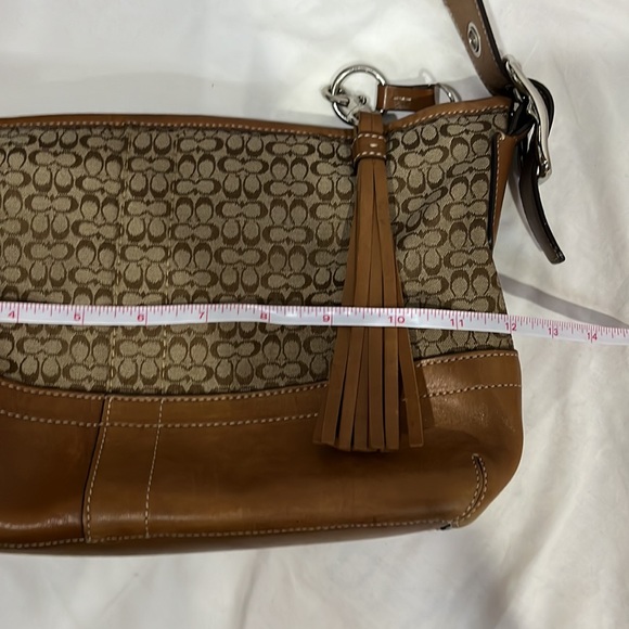 Coach brown shoulder bag, cloth with leather trim. - Picture 9 of 10